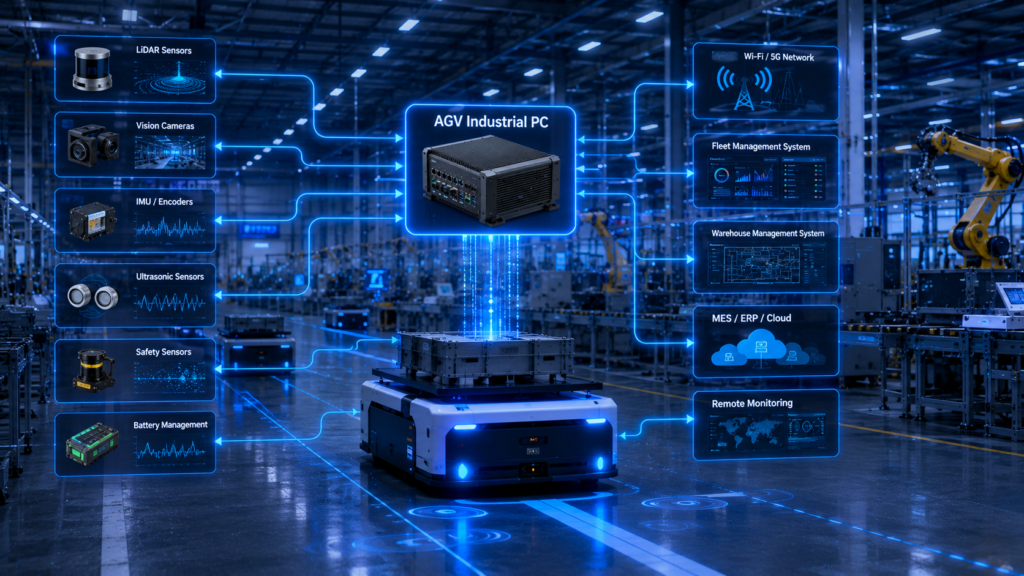 AGV industrial PC architecture enabling autonomous navigation, LiDAR processing, machine vision integration, sensor fusion, fleet management, and smart logistics automation