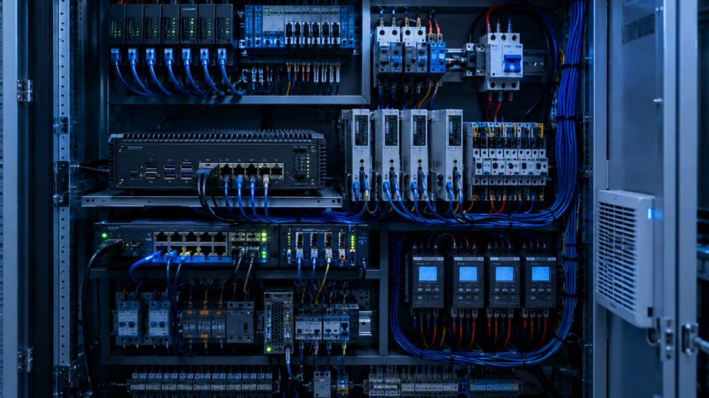 Battery energy storage control cabinet with industrial computer connected to BMS, PCS, 米, and sensors