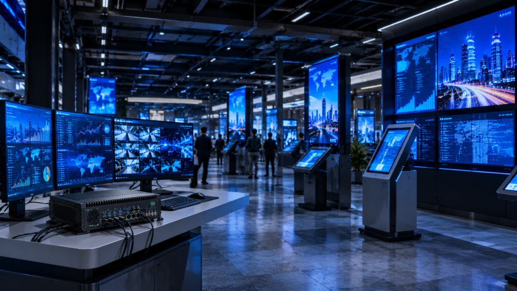 Industrial computer managing multiple digital signage displays, interactive kiosks, and multimedia content systems