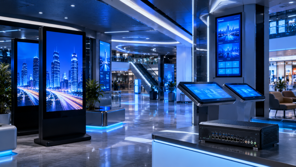 Industrial computer powering digital signage displays, interactive touchscreens, and self-service kiosks