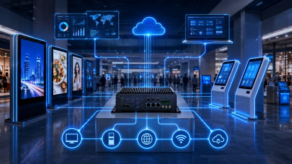 Industrial computer connected to digital signage displays, self-service kiosks, and cloud content management systems