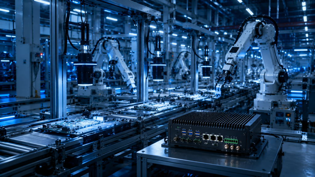 Edge AI manufacturing platform processing machine vision data, industrial sensors, and real-time AI inference workloads