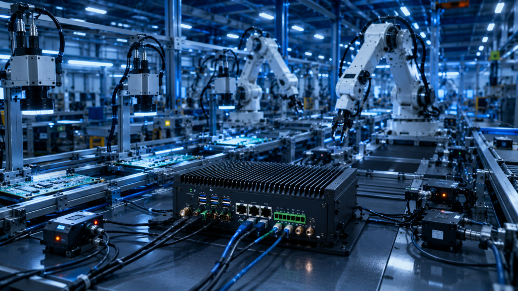 Industrial computer connected to machine vision cameras, industrial sensors, and robotics systems in a smart factory