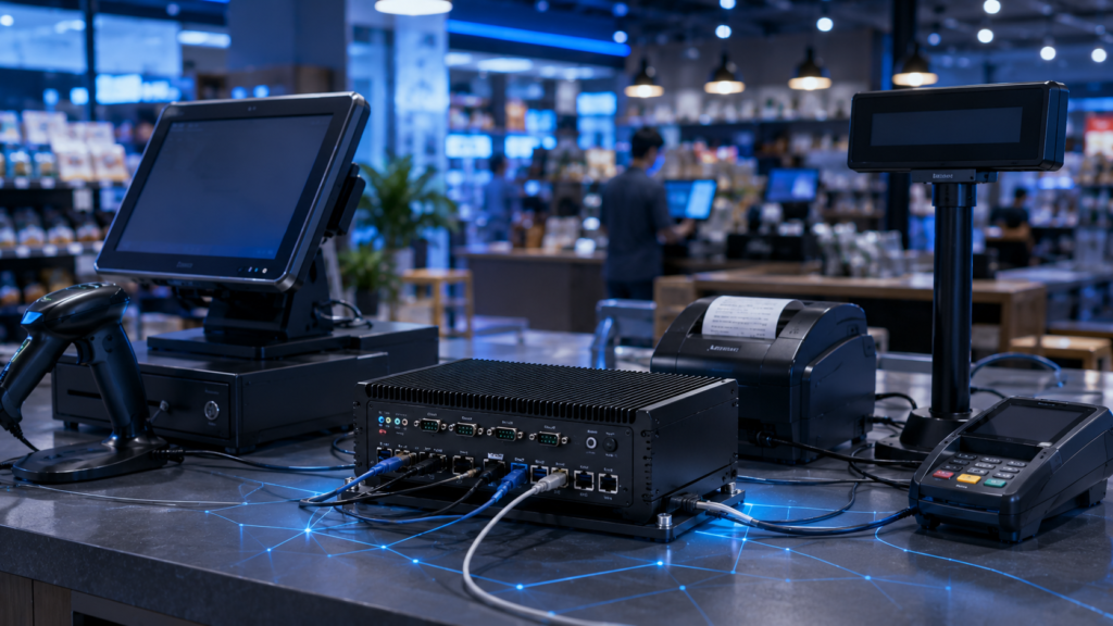 Embedded computer integrated with POS terminals barcode scanners receipt printers payment terminals customer displays and retail management infrastructure