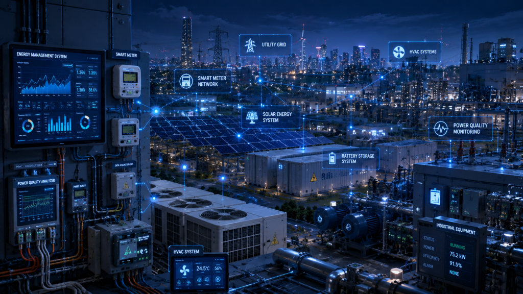 Complex Energy Management System integrating smart meters HVAC systems industrial equipment solar energy infrastructure battery storage systems and power quality monitoring devices