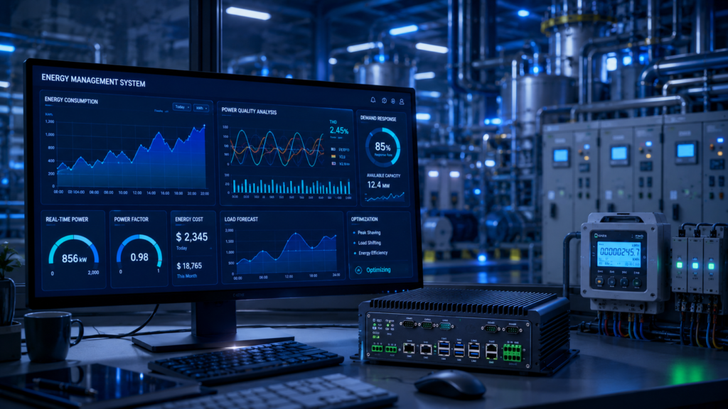 Industrial computer performing real-time energy analytics electricity consumption monitoring power quality analysis and intelligent energy optimization