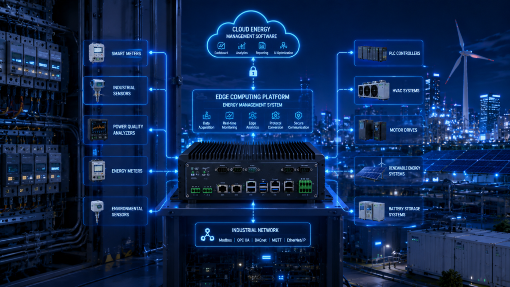 Industrial computer deployed as edge computing platform connecting smart meters industrial sensors PLC controllers power monitoring devices and cloud energy management software