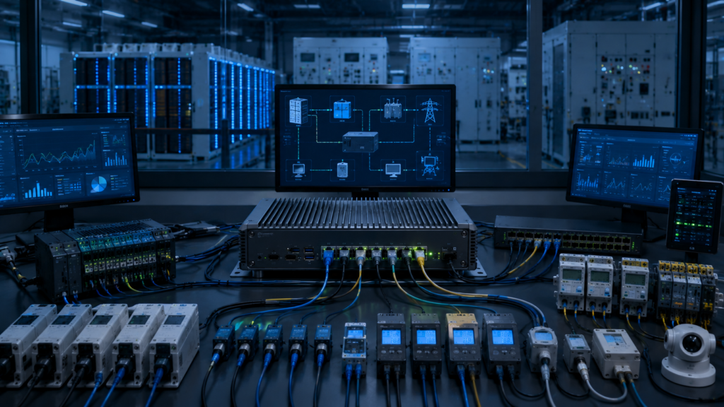 Energy storage system architecture with industrial computer connected to BMS, PCS, EMS, 监控与数据采集系统, and cloud monitoring