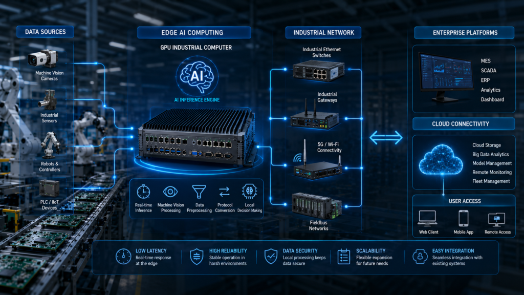 GPU industrial computer integrated with machine vision cameras, industrial networks, edge AI systems, enterprise platforms, and cloud connectivity