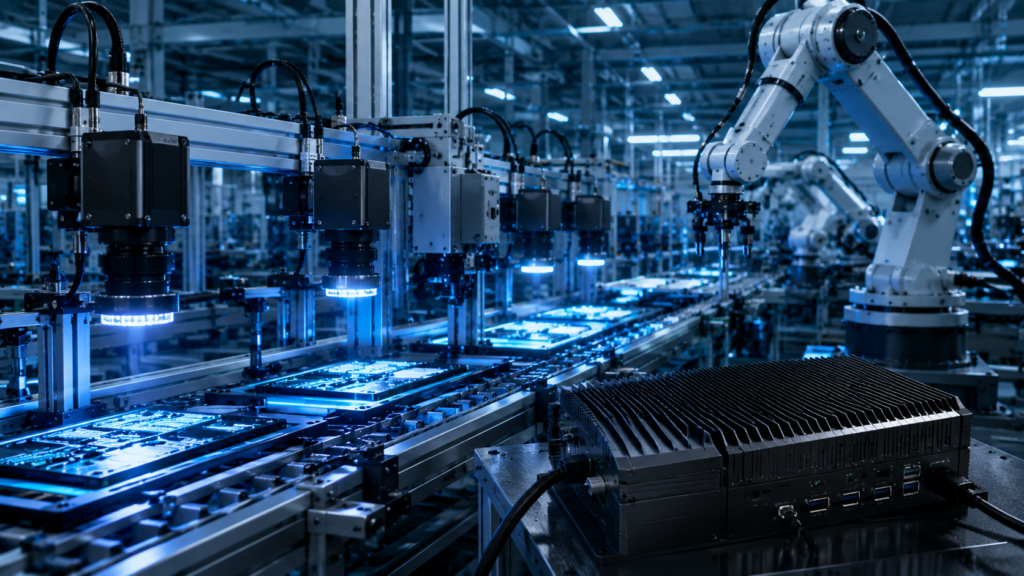 GPU industrial computer processing multiple machine vision camera streams, industrial sensors, and real-time AI inference workloads in a smart manufacturing environment