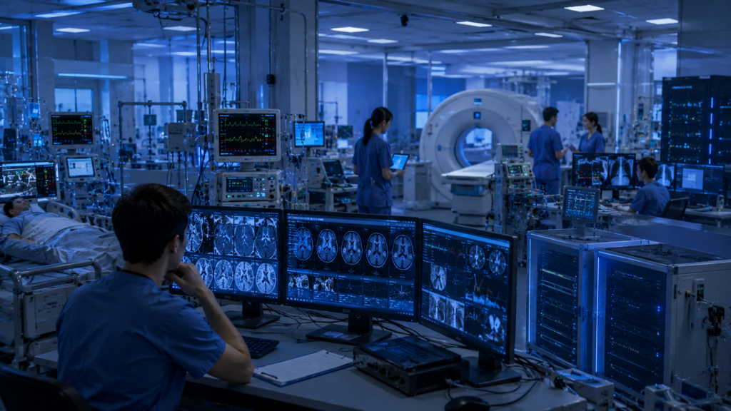 Complex healthcare technology environment integrating medical imaging systems patient monitoring equipment diagnostic devices healthcare data infrastructure and clinical operations