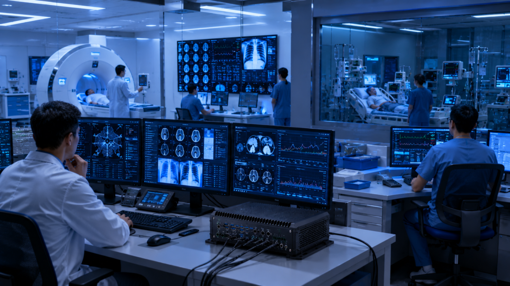 Industrial computer processing medical imaging data, patient monitoring information, and healthcare analytics workloads