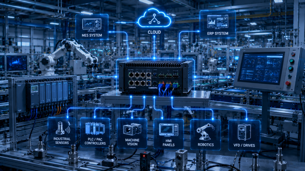 IIoT edge computing platform architecture enabling industrial connectivity, edge analytics, PLC integration, machine vision processing, cloud communication, and smart manufacturing operations