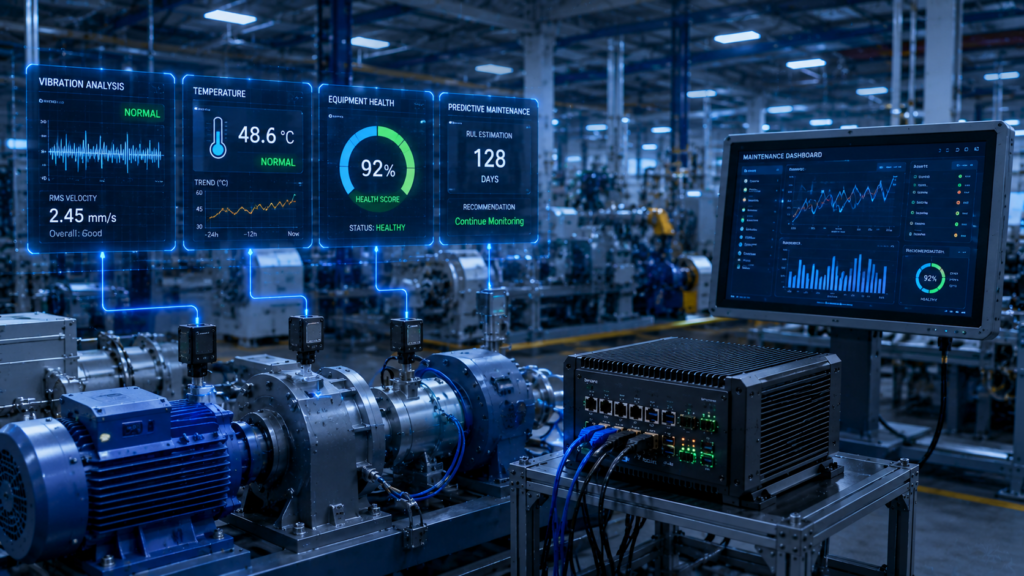 IIoT edge computing platform enabling predictive maintenance, equipment health monitoring, vibration analysis, temperature monitoring, and intelligent asset management
