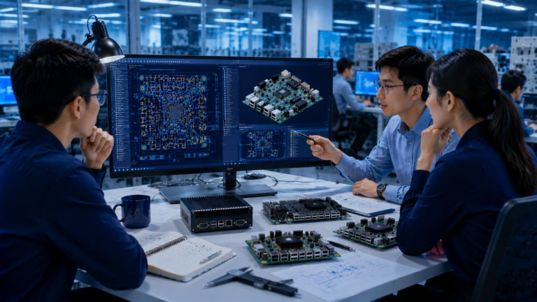 Industrial computer ODM development services with engineering team reviewing industrial motherboard and embedded computing designs