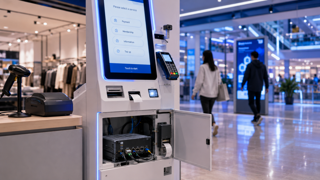 Industrial computer integrated inside a self-service kiosk with touchscreen display, payment terminal, barcode scanner, and receipt printer in a modern retail environment