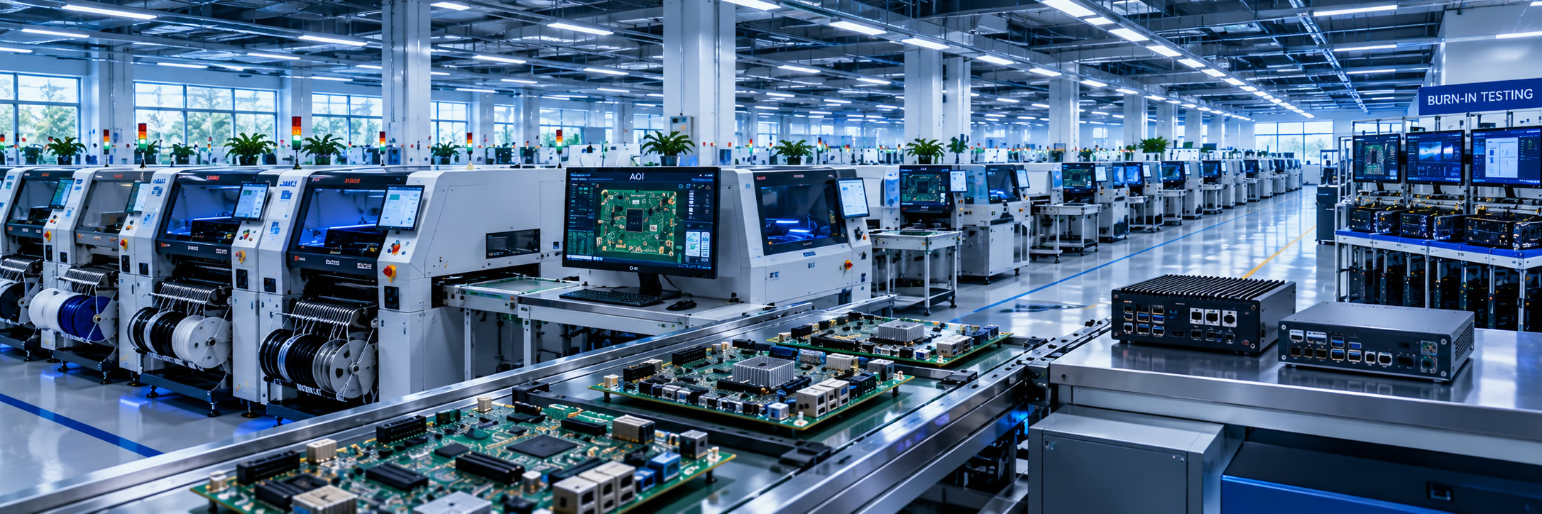 Industrial motherboard and embedded computer manufacturing facility with SMT assembly, testing and quality control processes