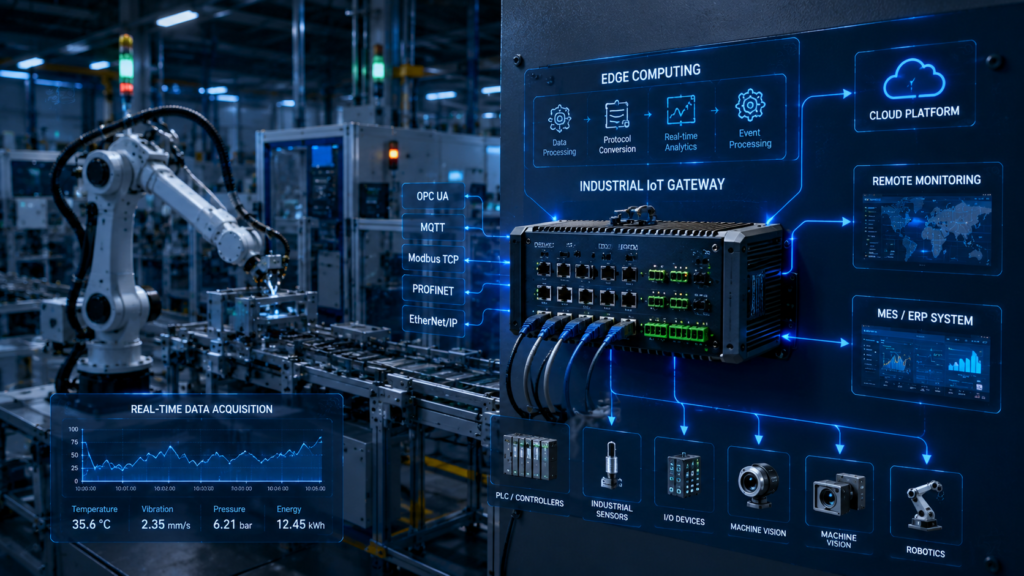 Industrial IoT gateway performing edge computing, protocol conversion, and real-time data acquisition in a smart manufacturing environment