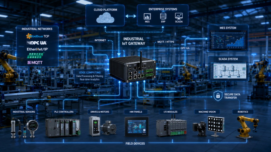 Industrial IoT gateway architecture connecting PLC controllers, industrial sensors, machine vision systems, SCADA platforms, MES systems, and cloud services in a smart factory