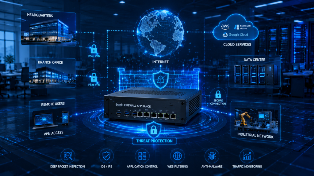 Intel firewall appliance enabling VPN connectivity, threat protection, cloud integration, deep packet inspection, and enterprise network security