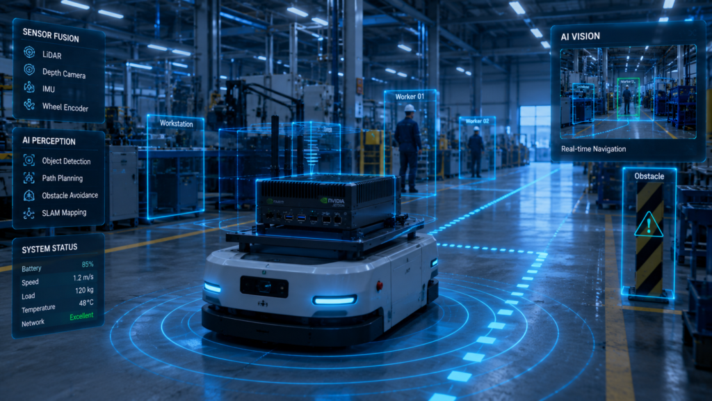 Jetson Edge AI computer powering an autonomous mobile robot with machine vision, sensor fusion, and intelligent navigation in a smart factory