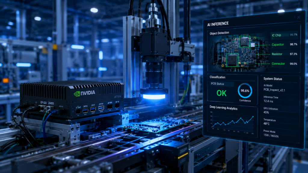 Jetson Edge AI computer performing real-time AI inference and machine vision inspection on an automated production line