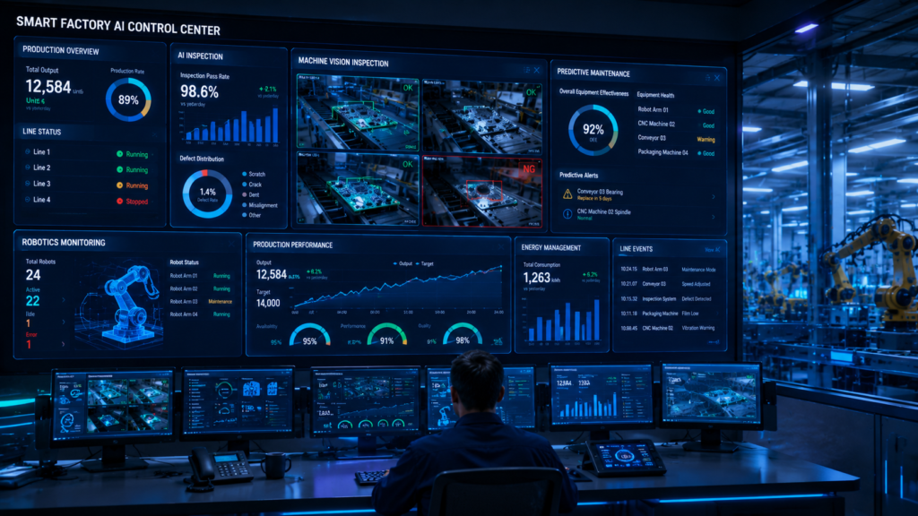 Jetson Edge AI computer analytics dashboard displaying machine vision inspection results, predictive maintenance indicators, robotics monitoring, and smart factory performance metrics