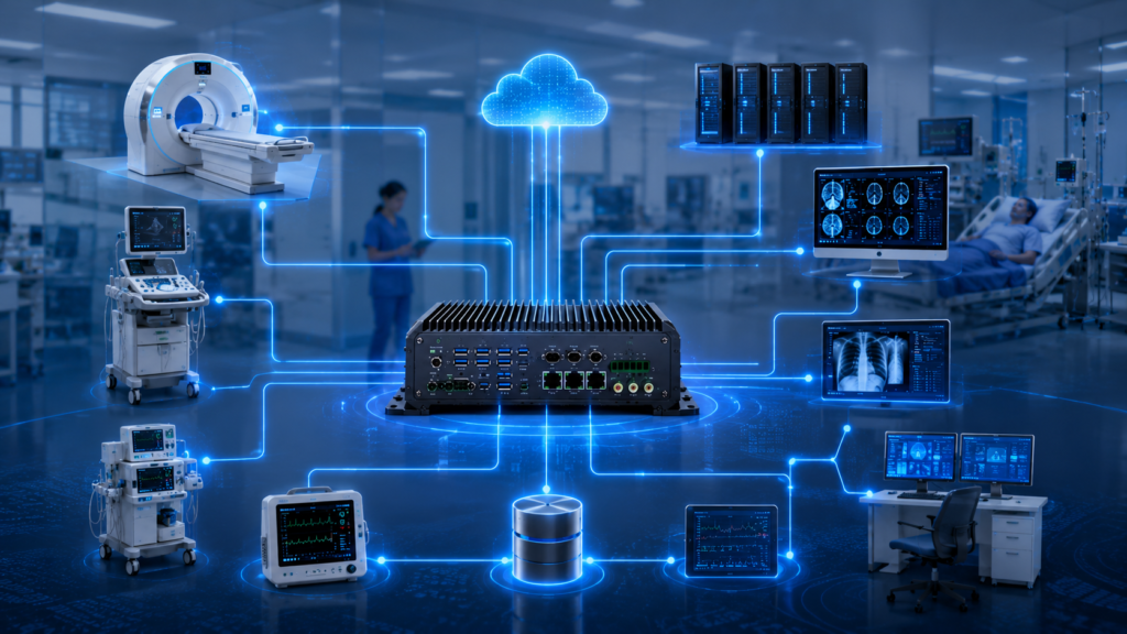 Industrial computer connected to medical devices, imaging systems, patient monitoring platforms, and healthcare networks