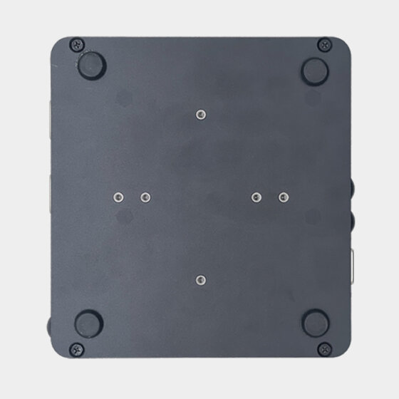 NANO100 fanless industrial computer bottom view showing mounting points and industrial enclosure design