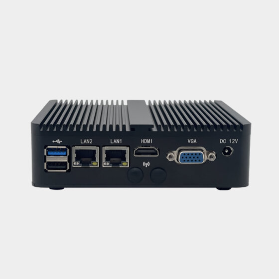 NANO100 fanless industrial computer front I/O panel with dual LAN HDMI VGA and USB ports