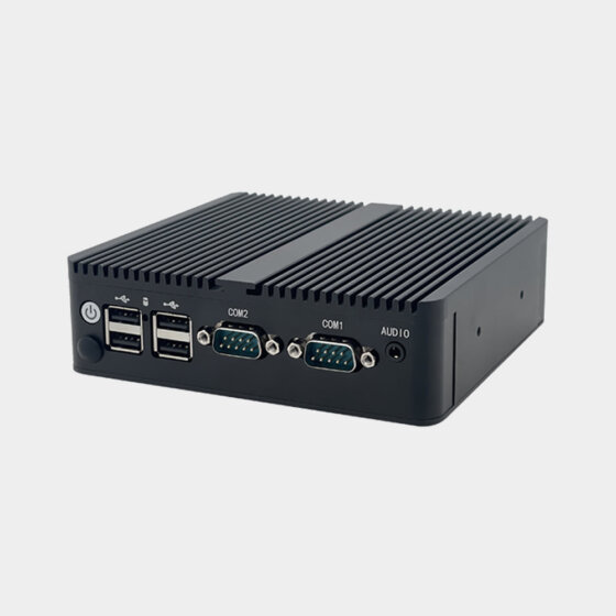 NANO100 fanless industrial computer rear angle view showing serial ports USB ports and rugged aluminum chassis