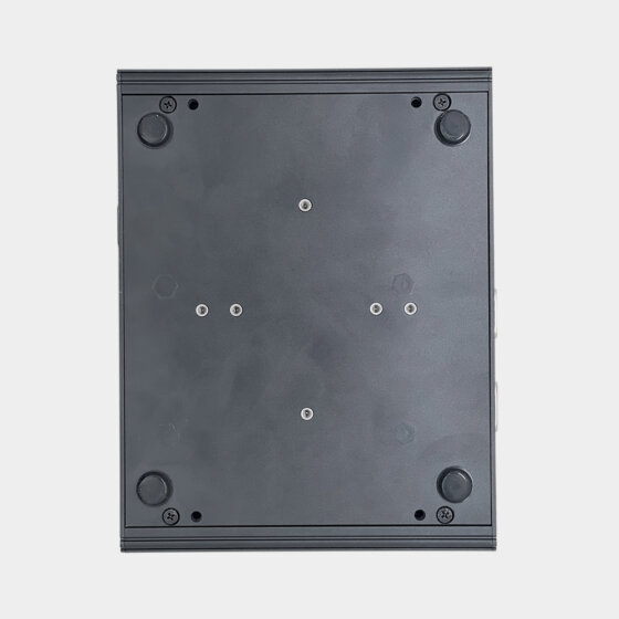 NANO200 fanless industrial computer bottom view showing enclosure base mounting points and anti-slip feet