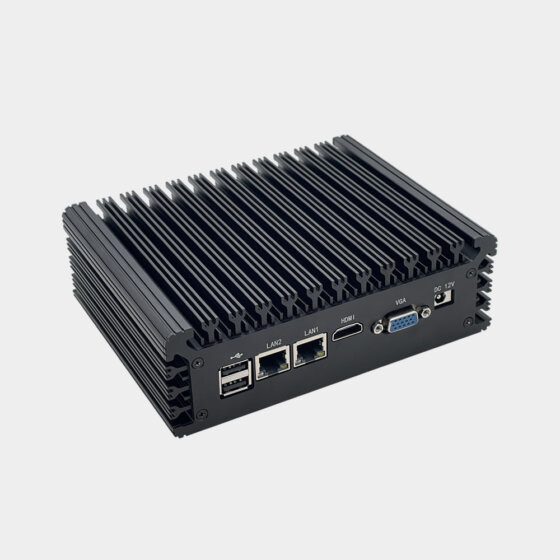 NANO200 fanless industrial computer front angle view showing aluminum enclosure dual LAN ports HDMI VGA USB interfaces and passive cooling design