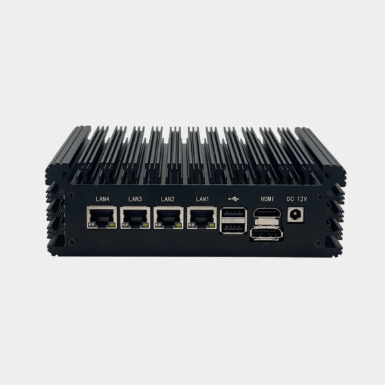 NANO200 fanless industrial computer front I/O panel with four LAN ports USB interfaces HDMI output and 12V DC power input