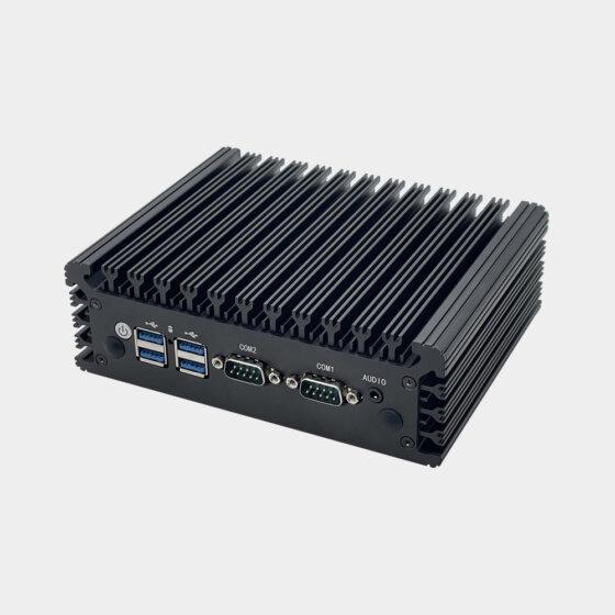 NANO200 fanless industrial computer rear angle view showing USB interfaces dual COM ports audio connector and rugged aluminum enclosure