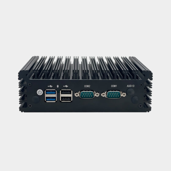 NANO200 fanless industrial computer rear I/O panel with USB ports dual COM serial interfaces audio port and power button