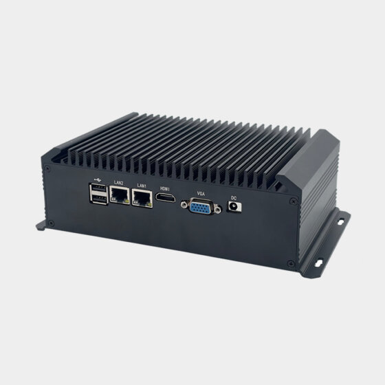 NANO300 fanless industrial computer front 45 degree angle view showing compact aluminum enclosure and cooling fins