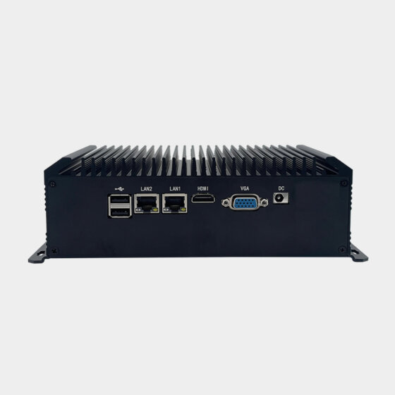 NANO300 dual LAN dual COM fanless industrial computer front I/O panel showing USB ports LAN1 LAN2 HDMI VGA and DC power input