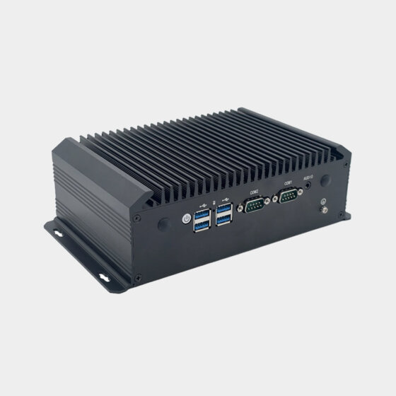 NANO300 dual LAN dual COM industrial computer rear angle view showing I/O connectivity area and enclosure design