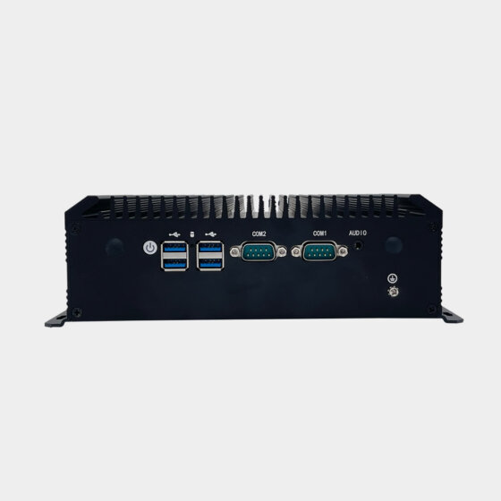 NANO300 dual LAN dual COM industrial computer rear I/O panel showing USB COM ports and audio interface