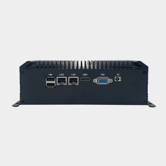 NANO300 industrial fanless box PC front panel with dual LAN, HDMI, VGA, USB ports, and DC power input