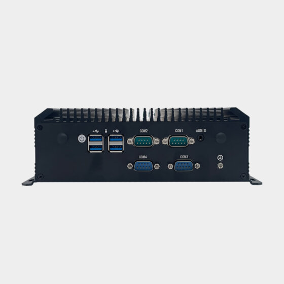 NANO300 industrial fanless box PC rear panel with COM1 to COM4 serial ports, USB ports, audio interface, and power button