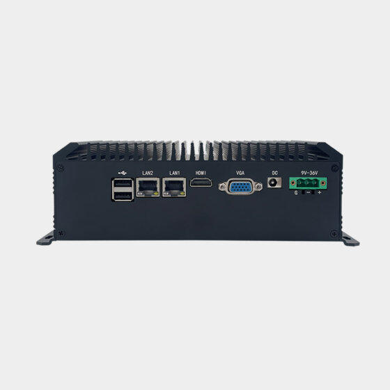 NANO300 industrial box PC front panel with LAN ports, hdmi, VGA, USB, DC power input, and wide voltage terminal