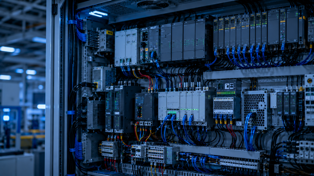 Industrial control cabinet containing PLC controllers, power supplies, industrial switches, and complex wiring infrastructure