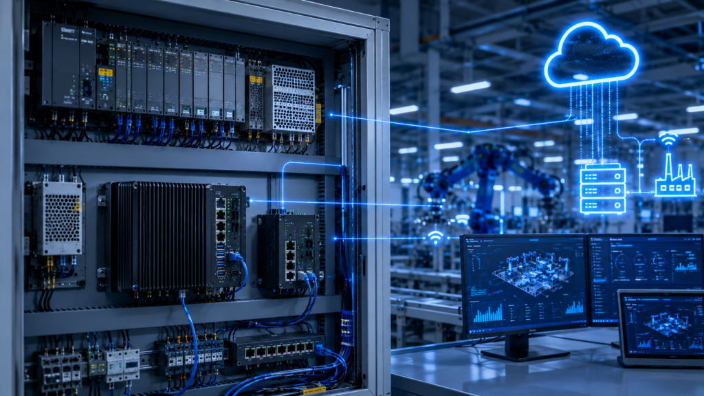 PLC control cabinet integrating fanless industrial computer, SCADA platform, industrial Ethernet network, and cloud connectivity