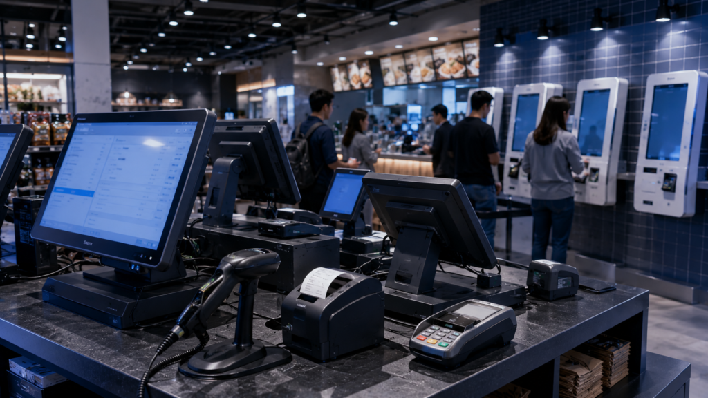 Commercial POS environment integrating payment terminals barcode scanners receipt printers self-service kiosks customer displays and retail technology infrastructure