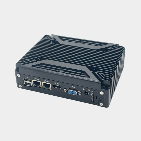 Q3100 fanless box PC rear panel with dual Gigabit LAN, HDMI, VGA, USB and optional 9–36V DC input