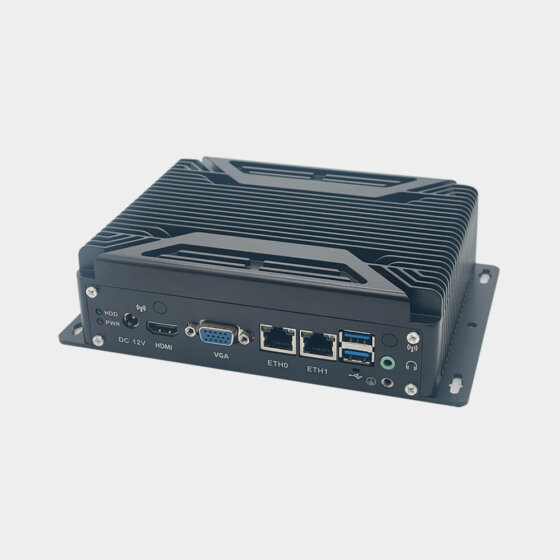 Q3100 fanless box PC front panel with dual Gigabit LAN, VGA, HDMI and USB ports