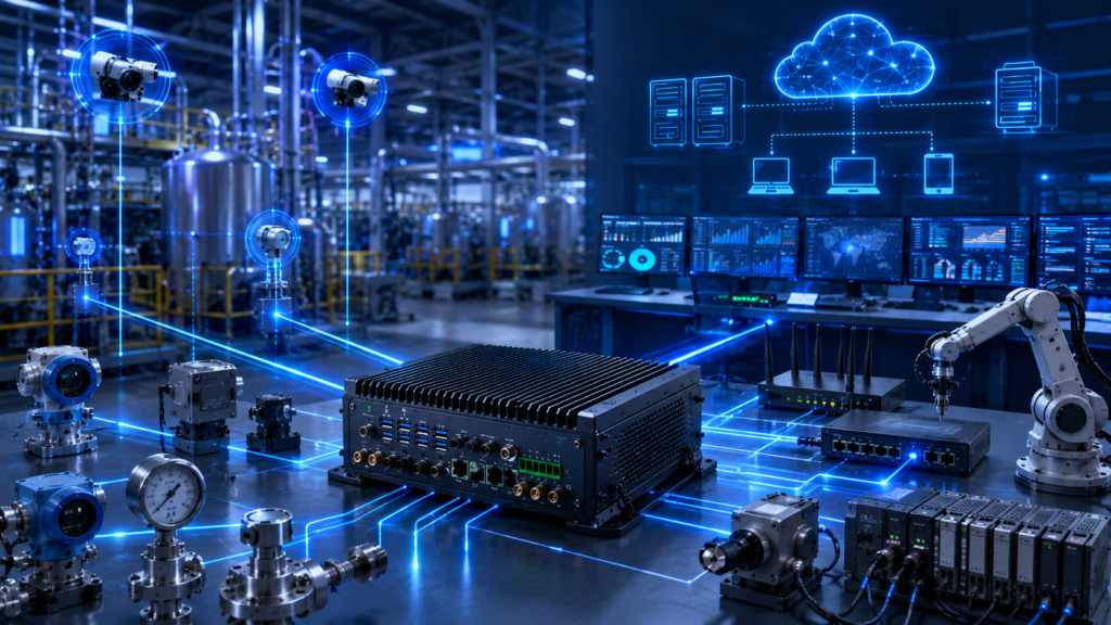 Industrial computer connected to sensors, controllers, and Industrial IoT networks for real-time data acquisition