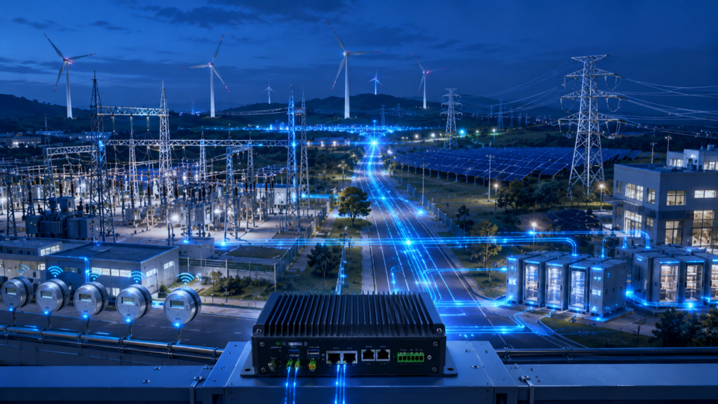 Industrial computer deployed in Smart Grid infrastructure connecting substations, smart meters, renewable energy systems, and utility communication networks